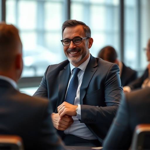 Hombre de negocios participando en una reuni&oacute;n y mostrando confianza.