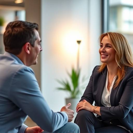 Imagen de dos personas conversando durante una sesi&oacute;n de coaching de carrera en una oficina moderna.