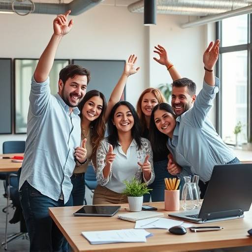 Imagen de un grupo de personas celebrando un logro en un entorno de trabajo colaborativo.