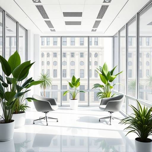 Oficina moderna y luminosa con plantas y sillas c&oacute;modas, representando un ambiente de calma y reflexi&oacute;n.