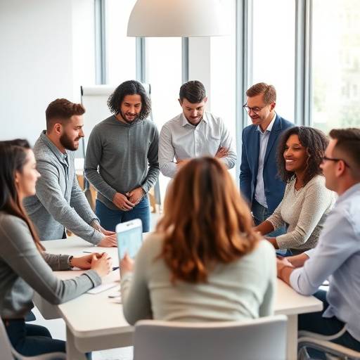 Un equipo diverso colaborando en una lluvia de ideas en una sala de reuniones.